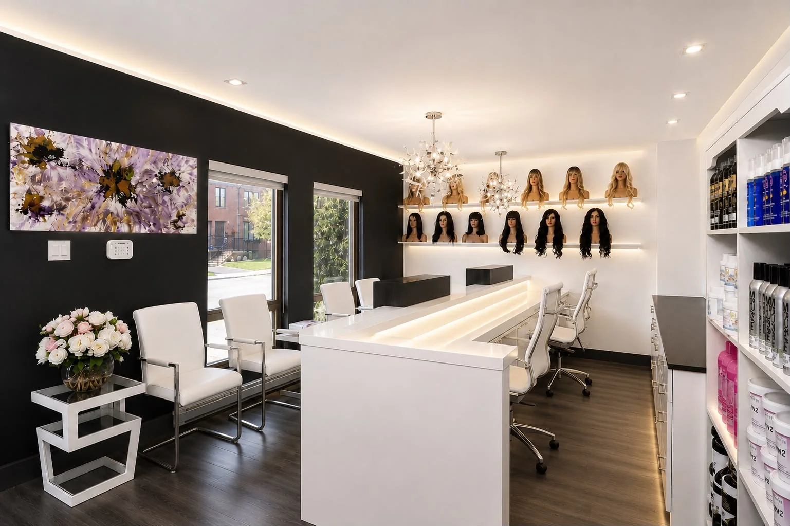 Bright reception counter with wig display and hair-care products