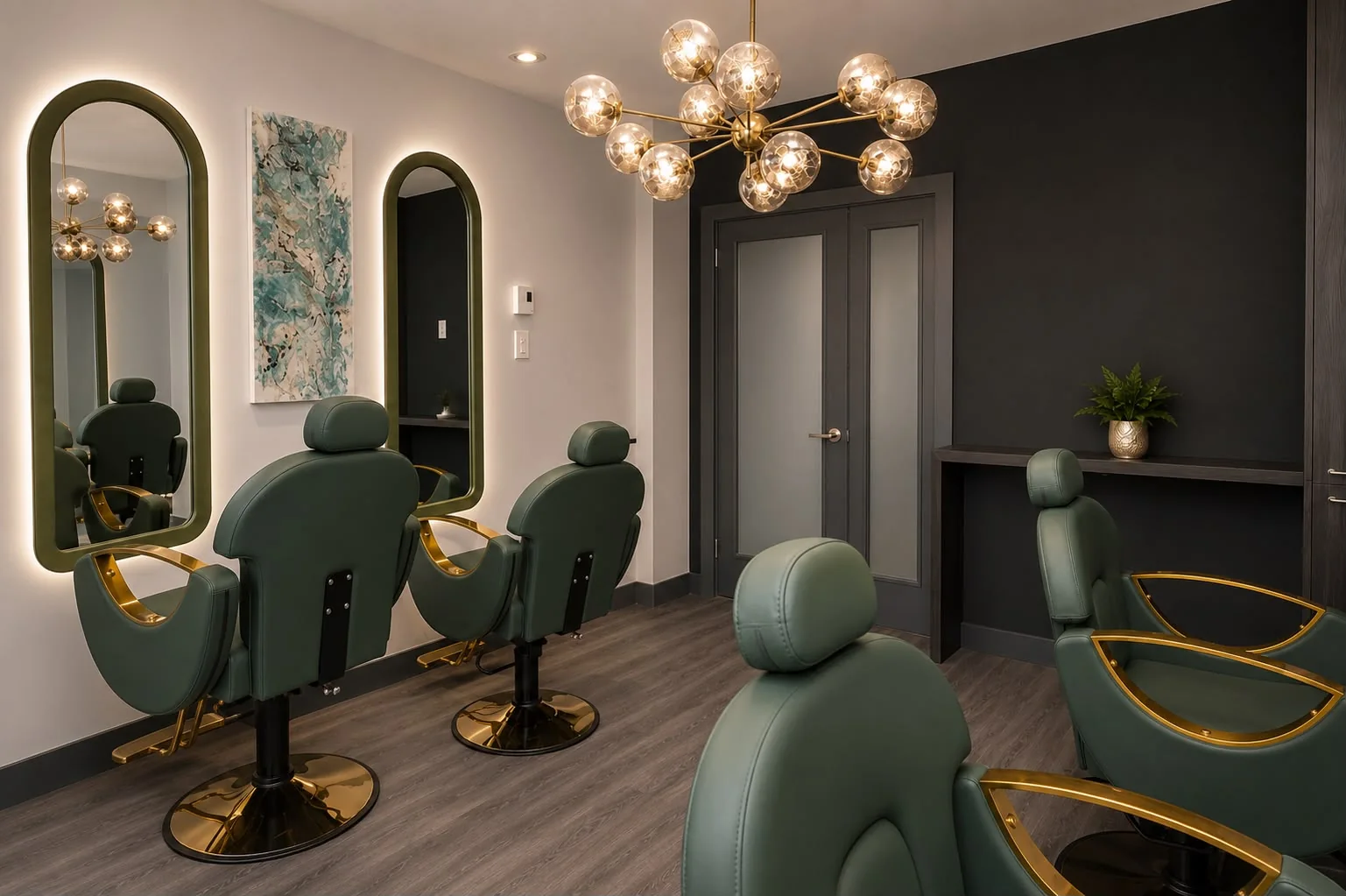 Sage-green and brass hair salon with a gold globe chandelier