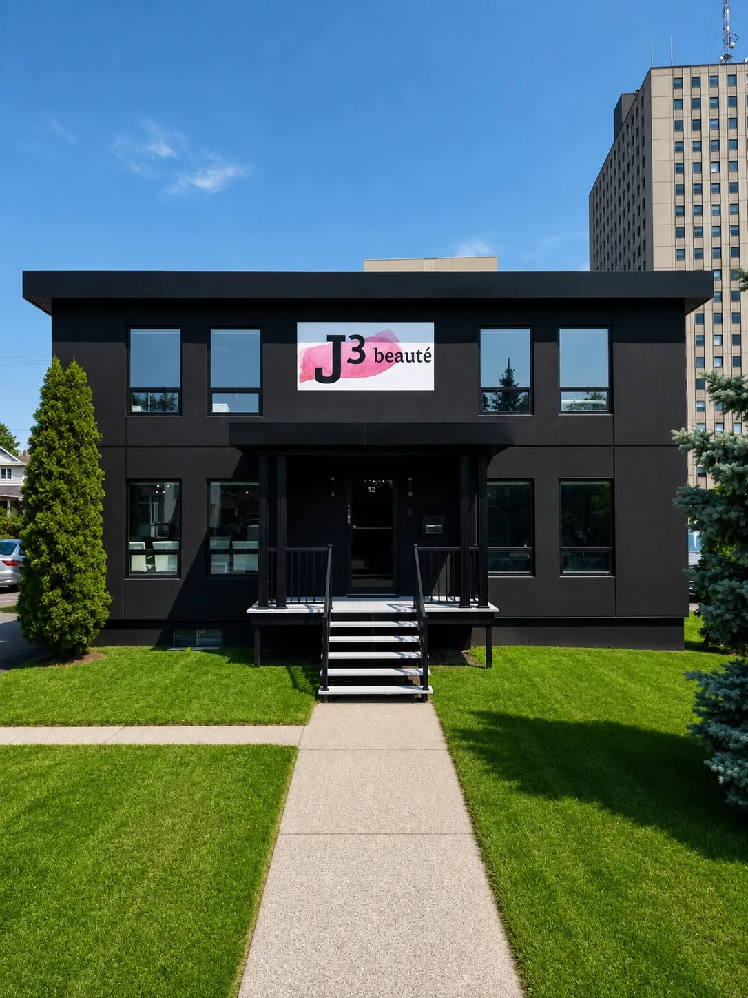 Black façade of the J3 beauté institute with its sign, 12 Bériault Street in Gatineau