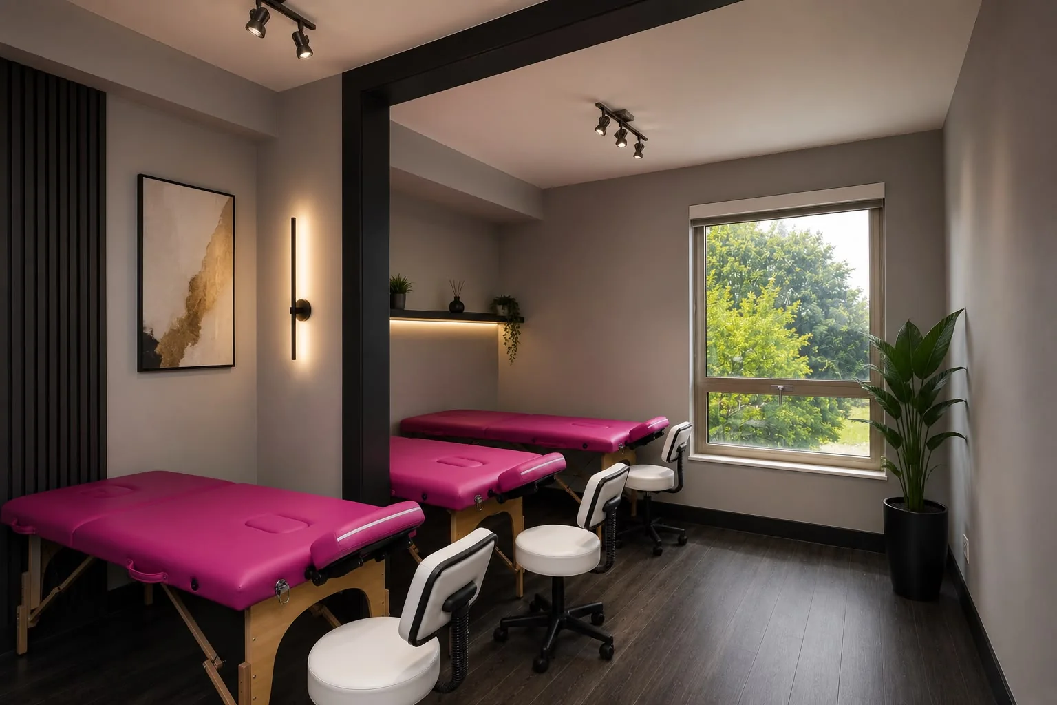 Training room equipped with pink massage tables and professional stools