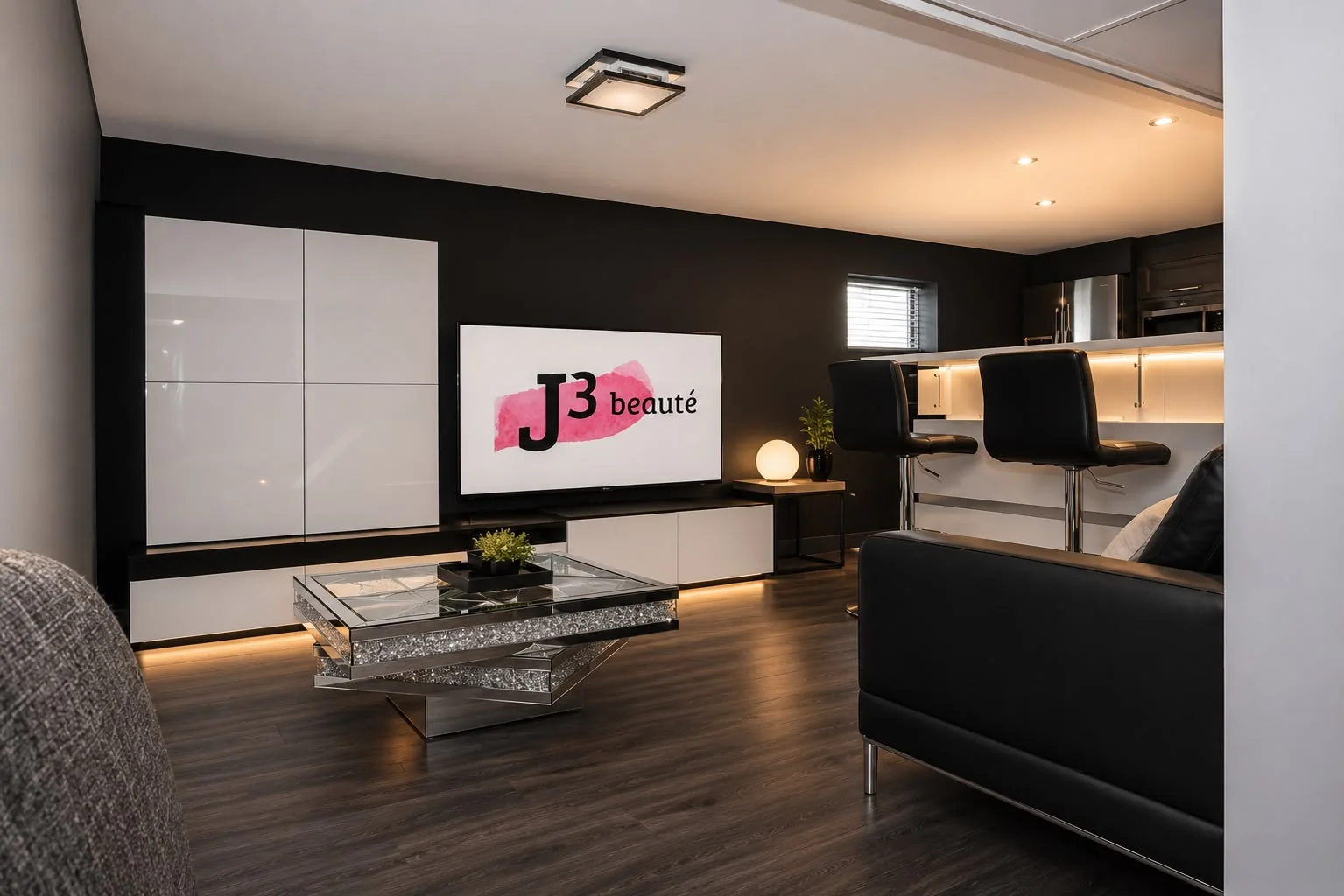 Team lounge with a screen displaying the J3 beauté logo