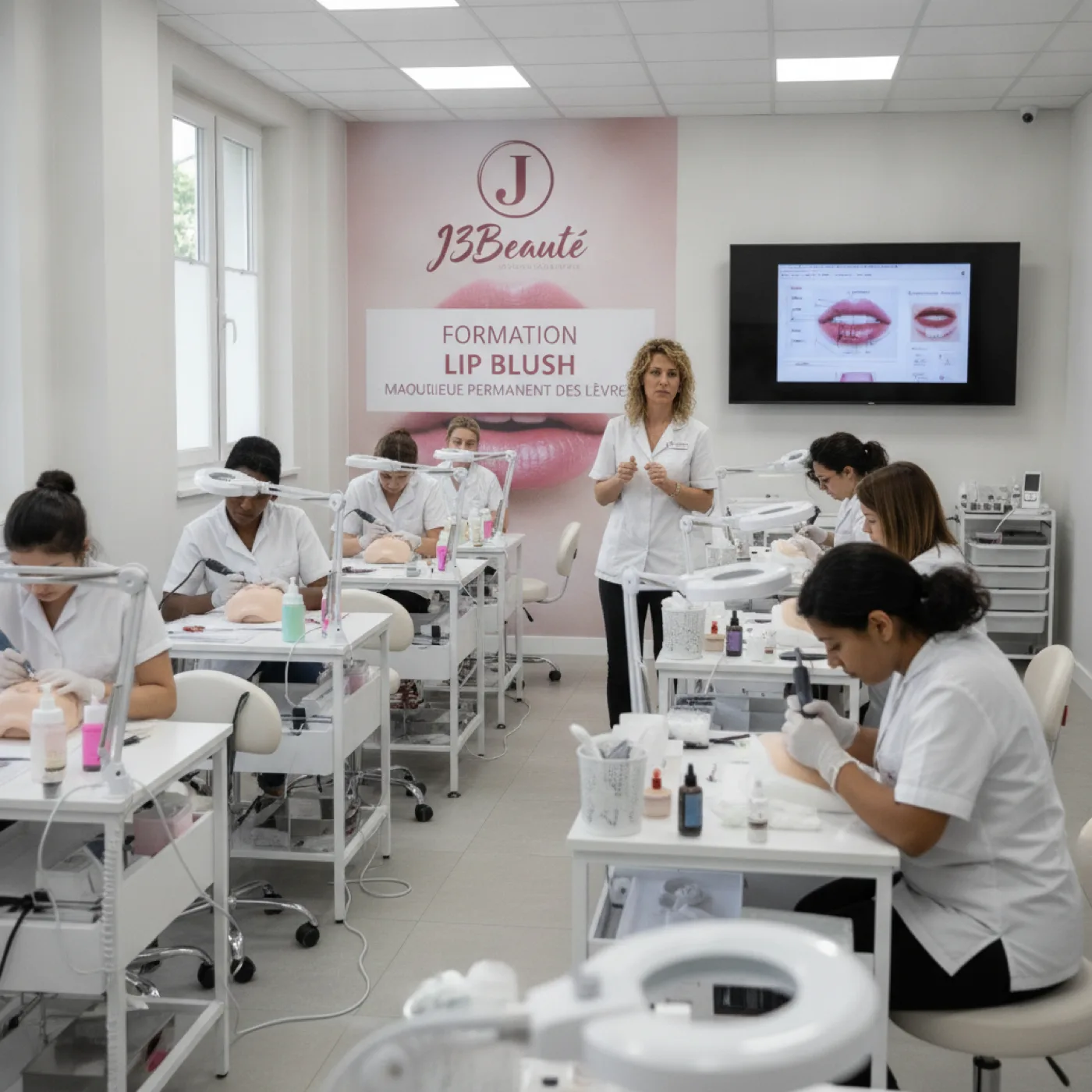 Formation Lip Blush à J3 Beauté — élèves en pratique sur modèles en petit groupe