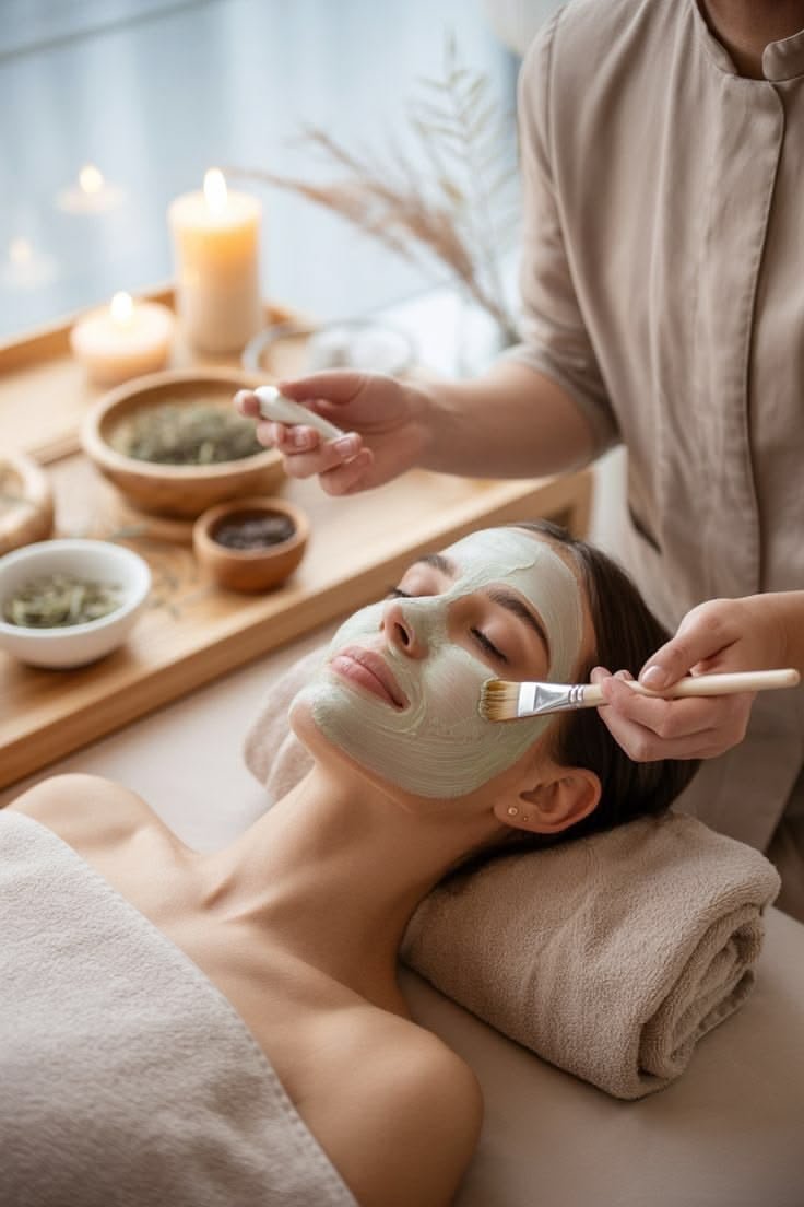 Masque à l'argile posé au pinceau, ambiance spa